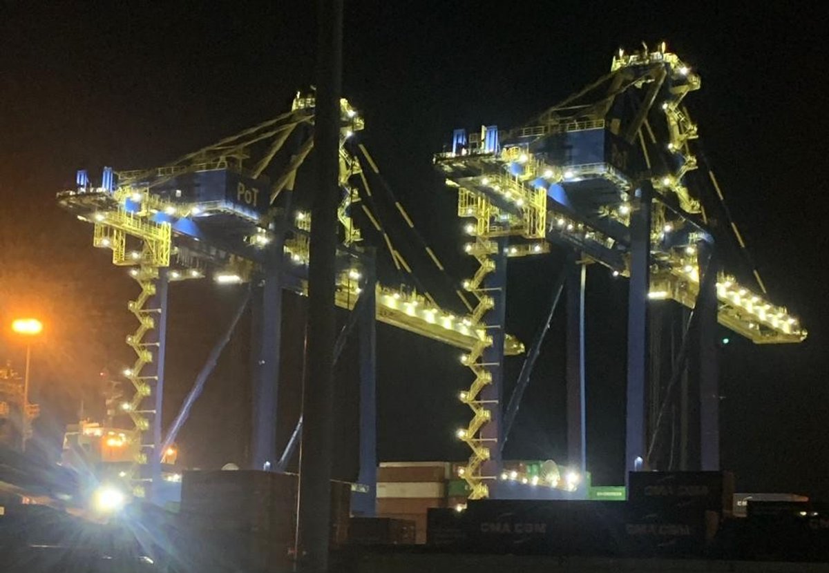 STS cranes illuminated at night — Port of Tripoli Lebanon